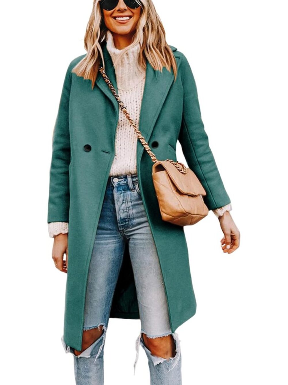Women's Teal Wool Blend Notch Lapel Double-Breasted Mid-Long Trench Pea Coat